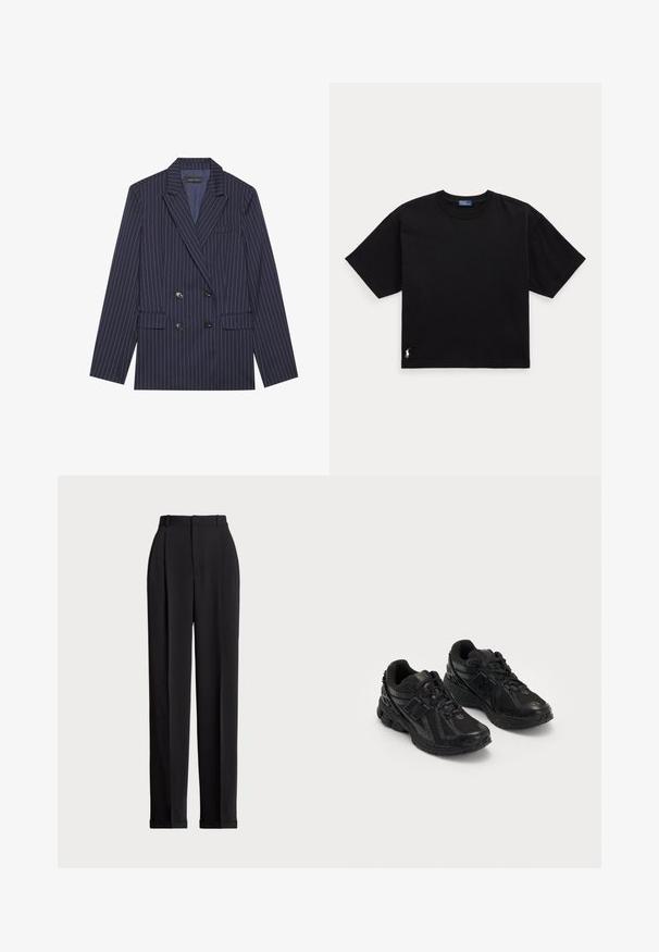 Blazer albastru marin, cu două rânduri de nasturi, cu dungi albe, rever cu decupaj, două buzunare frontale și șase nasturi negri, având o textură a țesăturii netedă.; Tricou din bumbac negru, cu mâneci scurte, guler rotund și un mic logo alb în colțul din stânga jos. Croială clasică, pătrată, cu detalii minime.; Pantaloni negri, croiți pe măsură, cu talie înaltă, cu plii în față, design cu picior drept și tiv manșetat. Confecționați dintr-un material neted.; Pantofi sport negri fabricati din plasă și materiale sintetice. Au un toc căptușit, modele texturate și un logo embosat pe lateral.