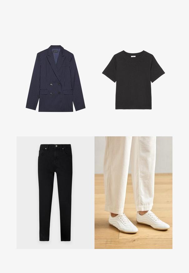 Dvojradový námornícky blejzer s bielymi prúžkami, s vystrihom s klopami, dvoma prednými vreckami a šiestimi čiernymi gombíkmi, s hladkou textúrou látky.; Čierne tričko vyrobené z jemnej látky, s okrúhlym výstrihom a krátkymi rukávmi. Dizajn je jednoduchý, bez viditeľných vzorov alebo akcentov.; Čierne denimové džínsy so slim fit strihom, s predným zapínaním na gombík, pútkami na opasok a klasickým dizajnom s piatimi vreckami. Hladká textúra.; Biele športové topánky s hladkým koženým povrchom, šnurovacím systémom a tvarovým dizajnom. Nosia sa so svetlobéžovými kordovými nohavicami.