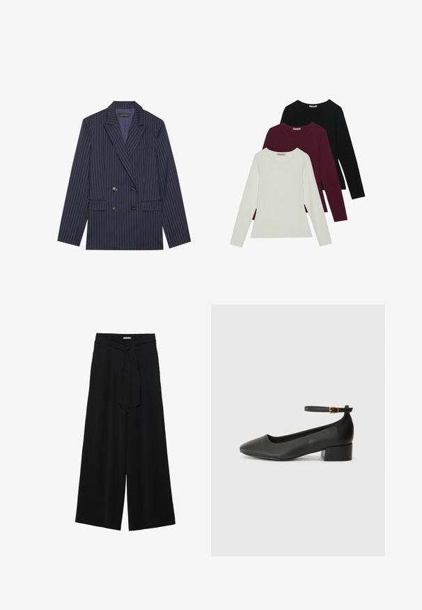 Kaksirivine tumesinine bleiser valgete triipudega, nööbid, kahe esikäe taskuga ja kuue musta nööbiga, millel on sile kangas.; Pikad varrukad T-särgid valges, burgundis ja mustas. Valmistatud pehmest kangast, ümmarguse kaelusega ja keha lähedase kujundusega. Sobivad kihiliseks kandmiseks.; Mustad laiad püksid, millel on tekstureeritud kangas, elastne vöökoht ja eemaldatav pael vööst, et reguleerida sobivust.; Must mustaapp, millel on terav nina ja madal blokk-kand. Omab pahkluu rihma koos kuldse tooni pandlaga. Sile tekstuur.