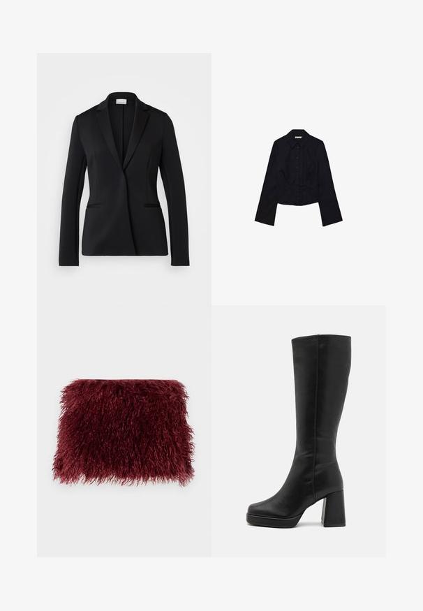 Calvin Klein Blazer - black; Camicetta nera cropped con maniche lunghe, collo a camicia e chiusura con bottoni. Realizzata in tessuto morbido, presenta un design aderente e dettagli minimali.; Clutch in pelliccia bordeaux con superficie testurizzata e shaggy, di forma rettangolare, caratterizzata da morbidi e lunghi filamenti.; Anna Field Stivali con i tacchi - black