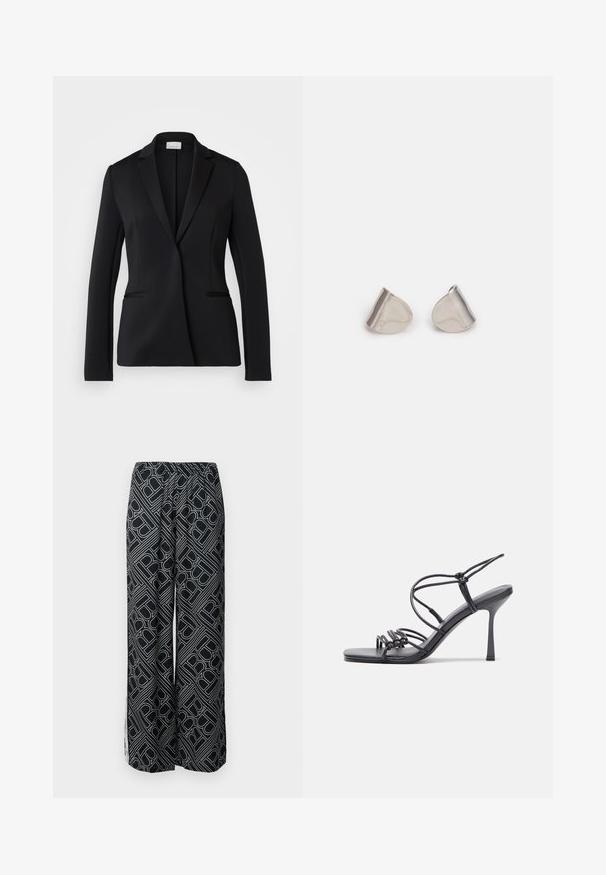 Calvin Klein Blazer - black; Black short-sleeve turtleneck top made of lightweight fabric with a smooth texture and a fitted shape, featuring a high neckline.; Wide-leg trousers made of black fabric featuring a white geometric pattern. Elastic waistband, flowing design, and side slits.; Black high-heeled sandals feature thin straps with a knotted design, a smooth square toe, and a sleek stiletto heel.; Silver metal earrings with a smooth, teardrop shape and a polished finish. Subtle engravings add detail. Minimalist design.