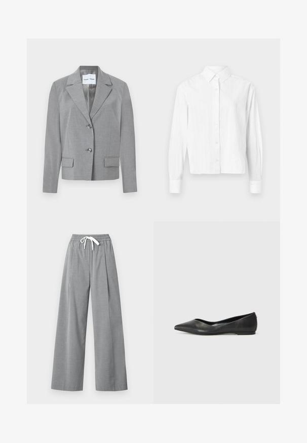 Grijze op maat gemaakte blazer met een gekartelde kraag, knoopsluiting met twee knopen en twee voorkruiszakken met een soepele textuur. Gevoerde binnenkant.; Witte overhemd met knopen, gemaakt van lichtgewicht stof. Heeft lange mouwen, een klassieke kraag en subtiele verticale strepen. Geknipte ontwerp.; Grijze wijde allelengte broeken van lichtgewicht stof met een geplooide voorkant en een elastische tailleband met een witte trekkoord.; Zwarte leren ballerina met een spitse neus, lage hak en een gladde structuur. Minimalistisch ontwerp met een subtiele zijaccent.