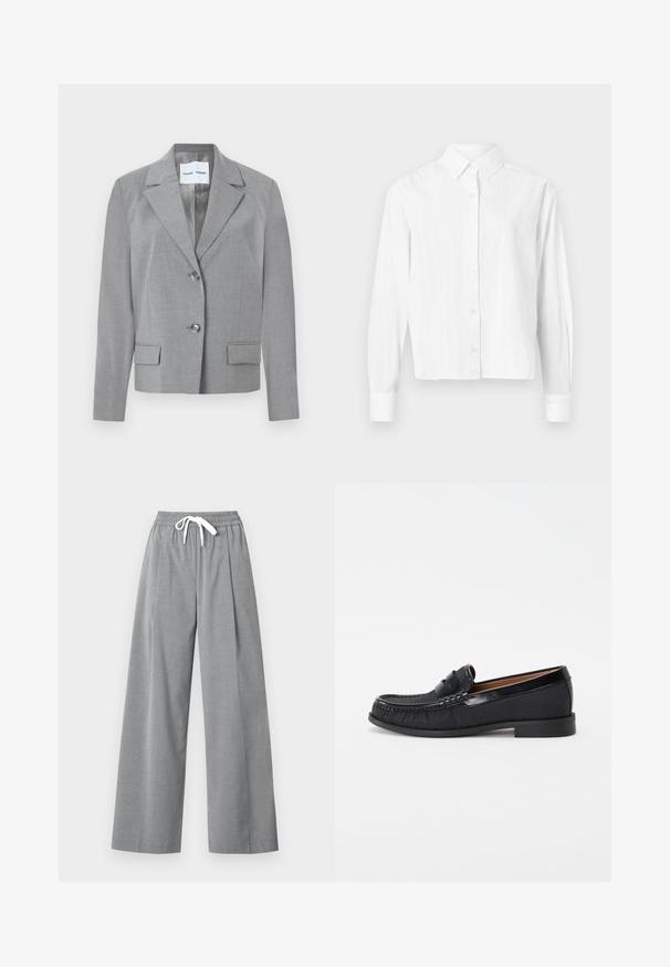 Grauer maßgeschneiderter Blazer mit geknöpftem Revers, Zwei-Knopf-Verschluss und zwei vorderen Taschen mit glatter Textur. Gefüttertes Innere.; Weißes Hemd mit Knopfleiste aus leichtem Stoff. Mit langen Ärmeln, klassischem Kragen und dezenten vertikalen Streifen. Kurz geschnittenes Design.; Graue weite Hosen aus leichtem Stoff mit gefaltetem Vorderteil und einem elastischen Bund, der eine weiße Kordel enthält.; Schwarze Slipper aus strukturiertem Stoff mit glänzenden Lederakzenten und subtilen Stickdetails, ausgestattet mit einem niedrigen Gummihoch.