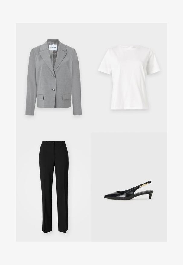 Gray tailored blazer featuring a notched collar, two-button closure, and two front pockets with a smooth texture. Lined interior.; White cotton t-shirt with short sleeves, round neckline, and a relaxed fit. Smooth texture, no patterns or accents, minimalistic design.; Black tailored trousers with a straight-leg design, featuring a smooth texture and crisp creases along the front. No visible hardware.; Black leather slingback heels with a pointed toe, featuring a slim heel and a gold-tone accent on the adjustable strap. Smooth texture.