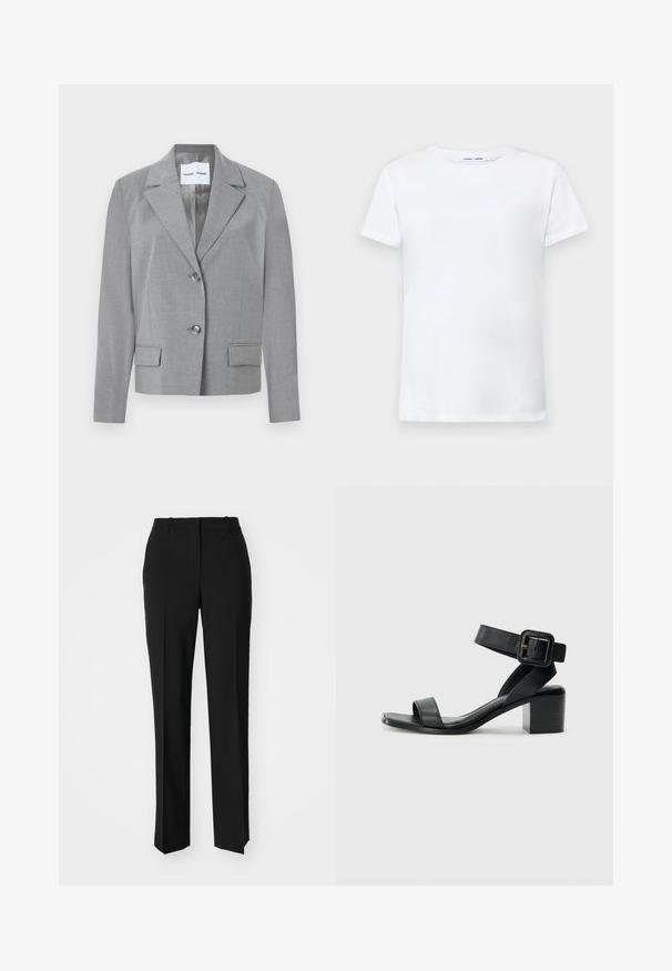 Szary dopasowany żakiet z wyraźnym kołnierzem, zapięciem na dwa guziki i dwoma przednimi kieszeniami o gładkiej fakturze. Podszewka w środku.; Biała koszulka z krótkim rękawem, wykonana z bawełny, z okrągłym dekoltem. Gładka tekstura i prosty krój, bez wzorów czy akcentów.; Czarne spodnie o dopasowanym kroju z prostymi nogawkami, o gładkiej fakturze i wyraźnych zagięciach z przodu. Bez widocznych elementów metalowych.; Czarne skórzane sandały na obcasie z regulowanym paskiem na kostkę, otwartym noskiem i kwadratowym obcasem. Gładka faktura, minimalistyczny styl.