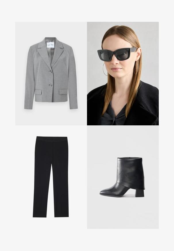 Grijze op maat gemaakte blazer met een gekartelde kraag, knoopsluiting met twee knopen en twee voorkruiszakken met een soepele textuur. Gevoerde binnenkant.; Zwarte longsleeve top met geplooid stofdetail aan de voorkant en bij de polsen, gemaakt van zachte, rekbare stof met een barco neckline.; Zwarte broek met een recht gesneden ontwerp, voorzien van zijzakken en een gladde stoftextuur. Minimaal detail, schoon tailleband.; Zwarte leren enkellaars met een spitse neus, een zachte textuur en een gestructureerde blokhak. Kenmerkt zich door een hoge, gevouwen kraag.; Zwarte cat-eye zonnebril met donkere lenzen, dikke monturen en subtiele accenten. Draagt een zwarte jas en een grijze top, met lang stijl haar.