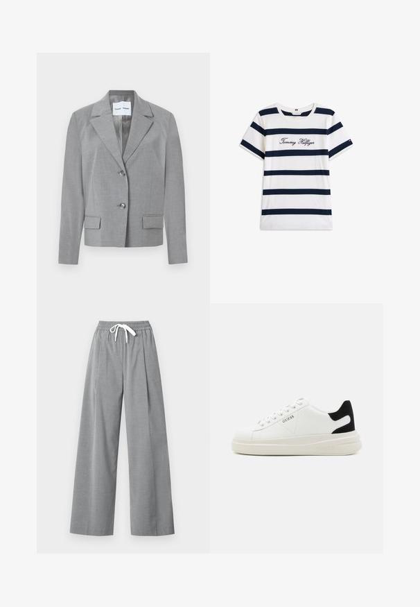 Grå skræddersyet blazer med filet krave, to-knaps lukning og to frontlommer med en glat overflade. Foret indvendig.; T-shirt i bomuld med vandrette marineblå striber på en hvid baggrund. "Tommy Hilfiger" broderet i kursiv på brystet. Rund hals.; Grå brede bukser lavet af letvægtigt stof med plisseret front og elastisk talje med en hvid snor.; Hvide lædersneakers med en tyk hvid sål, sort ruskindhælvægt og prægede logoer på siden. Snørebåndsdesign med seks øjer.