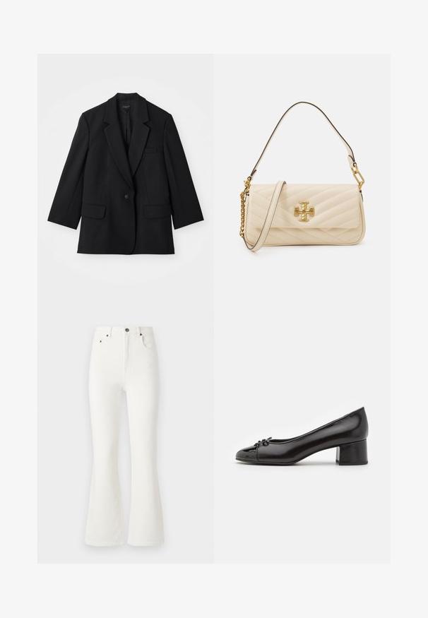 Blazer negru cu închidere cu un singur nasture, rever în formă de notch și două buzunare frontale. Are o croială ajustată și o textură a țesăturii.; Pulover negru cu guler înalt, realizat dintr-un material moale, având accente cu nervuri la guler și la mansete, cu o croială relaxată și slituri laterale.; Jeans albe evazate din denim. Design cu talie înaltă, dotate cu buzunare frontale și închidere cu nasture. Textură netedă și detalii minime de cusături.; Pantofii din piele lacuită neagră, cu vârful rotunjit, detaliu cu fundiță mică în față și toc mic pătrat. Textură netedă pe întreaga suprafață.; Geantă crem matlasată cu un accent de logo auriu, având o curea din lanț și piele. Design structurat și textură netedă cu cusături diagonale.