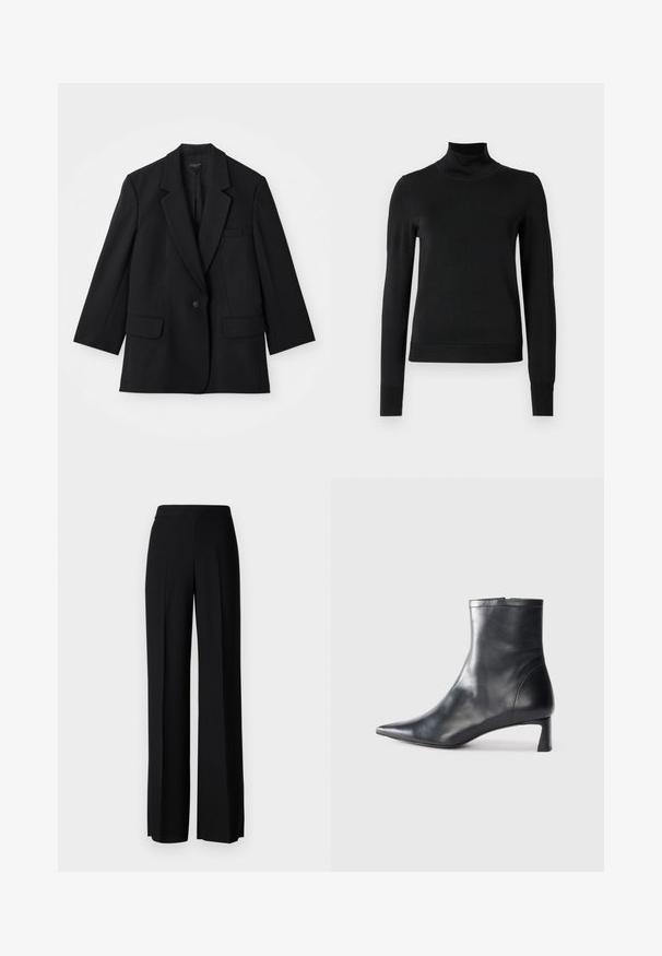 Musternahka must blazersingel nööbid, kõrged kraed ja kaks esipocketit. Omab kohandatud lõiget ja kangast tekstuuri.; Mustmusterta mustaga pikkade varrukatega kõrge kaelusega sviiter, millel on ribakudumisega mansetid ja äär, esitatud lihtsal valgel taustal.; Mustad laiad püksid mustas värvitoonis, sujuva tekstuuri ja kõrge vöökoha ning keskmiste voldikutega. Ilma nähtavate mustrite või tarvikute detailideta.; Mustad mustall nahkasaabas terava nina ja stiilse disainiga. Omab madalat konts ja luku sulgemist taga. Sile tekstuur.