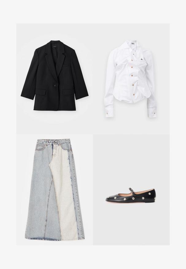 Blazer noir avec une fermeture à un bouton, des revers crantés et deux poches avant. Présente une coupe ajustée et une texture de tissu.; Chemise blanche à manches longues au design ajusté. Dispose d'un grand col, d'une fermeture à boutons sur le devant avec des boutons marron, et d'un petit logo brodé.; Jupe en denim avec un motif patchwork composé de sections bleues clair et moyen, ourlets effilochés et taille haute. Style classique à cinq poches.; Chaussure plate en cuir noir type Mary Jane avec un bout arrondi, ornée de clous ronds en argent et dotée d'une sangle réglable avec une boucle.
