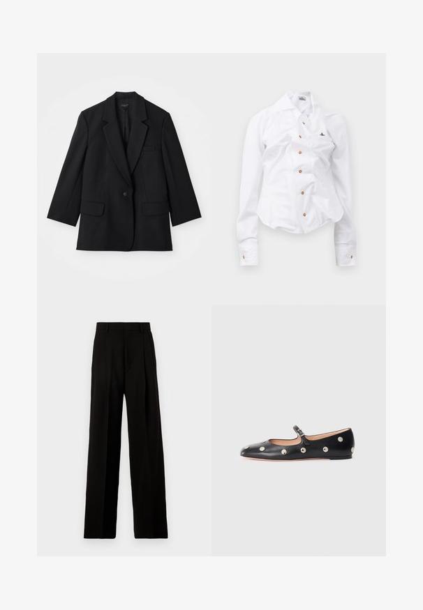 Blazer noir avec une fermeture à un bouton, des revers crantés et deux poches avant. Présente une coupe ajustée et une texture de tissu.; Chemise blanche à manches longues au design ajusté. Dispose d'un grand col, d'une fermeture à boutons sur le devant avec des boutons marron, et d'un petit logo brodé.; Pantalons larges noirs en tissu lisse, avec une taille haute, des plis avant et un design épuré et ajusté sans embellissements.; Chaussure plate en cuir noir type Mary Jane avec un bout arrondi, ornée de clous ronds en argent et dotée d'une sangle réglable avec une boucle.