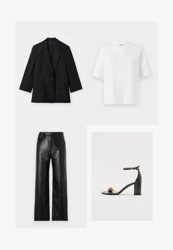Blazer nero con chiusura a un bottone, collo a proa e due tasche frontali. Presenta una forma sartoriale e una trama del tessuto.; Maglietta bianca a maniche corte in cotone, con scollatura a girocollo e una vestibilità ampia e squadrata con dettagli di cucitura minimi.; Pantaloni a gamba larga in pelle nera con finitura lucida, dotati di tasche anteriori, chiusura con zip e bottone. Texture liscia su tutta la superficie.; Sandalo in vernice nera con tacco largo, punta aperta e cinturino alla caviglia con fibbia dorata. Texture liscia e design elegante.
