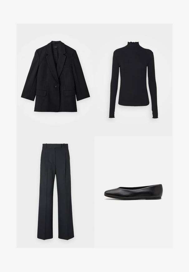 Blazer noir avec une fermeture à un bouton, des revers crantés et deux poches avant. Présente une coupe ajustée et une texture de tissu.; Haut à manches longues noir en col roulé, fabriqué en tissu lisse, présentant un col volanté et une silhouette ajustée avec des bords simples.; Pantalons rayés bleu foncé à taille haute, avec une coupe large et sans matériel ni embellissements visibles. Texture lisse et ajustement ajusté.; Paul Smith TOPANGA - Ballerines - black