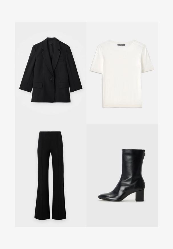 Black blazer with a single button closure, notch lapels, and two front pockets. Features a tailored shape and fabric texture.; White short-sleeve knit top with a round neckline, featuring a smooth texture and subtle ribbed accents at sleeves and hem.; Black flared pants with a high waist, made of stretchy fabric. Features vertical seam details on the front and a smooth texture.; Black leather ankle boot with a pointed toe and 4 cm block heel. Sleek design features a side zipper for easy wear. Smooth texture.