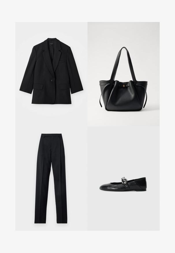 Blazer noir avec une fermeture à un bouton, des revers crantés et deux poches avant. Présente une coupe ajustée et une texture de tissu.; T-shirt en coton blanc avec des manches courtes, un col rond, une coupe décontractée et un ourlet cousu. Étiquette visible à l'intérieur du col.; Pantalon noir en tissu lisse avec taille haute, jambes larges, plis à l'avant et passants de ceinture classiques. Pas de poches latérales visibles.; Ballerines en cuir noir avec un bout pointu, dotées d'une sangle avec une boucle métallique circulaire et d'une semelle plate.; Sac en cuir noir avec deux longues anses, un haut resserré et un accent circulaire doré. Texture lisse avec un design minimaliste.