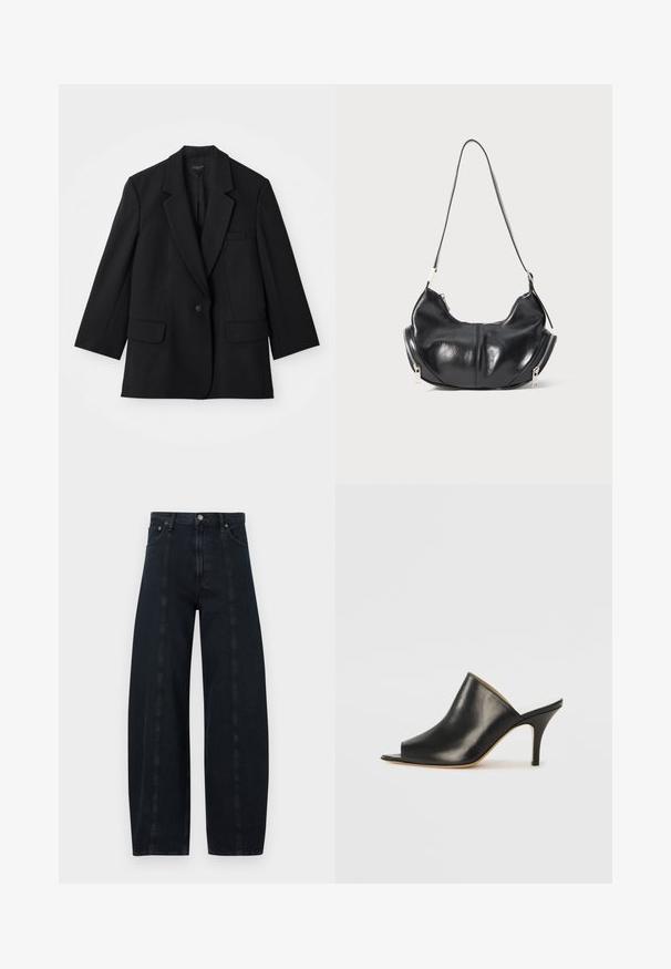Black blazer with a single button closure, notch lapels, and two front pockets. Features a tailored shape and fabric texture.; White ribbed tank top with a rounded neckline and wide shoulder straps, featuring a tag labeled "AGOLDE" and size "S."; Wide-leg dark denim jeans with a high waist, featuring contrasting seams and classic five-pocket styling. Smooth texture, no visible patterns.; Black leather open-toe mule with a sleek, curved design, high stiletto heel, and smooth texture. The interior features a contrasting light color.; Black leather crescent-shaped shoulder bag with silver zippers on both sides and a single strap.
