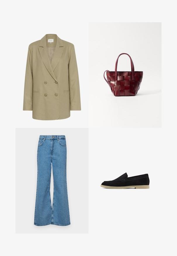 Beżowa marynarka dwurzędowa wykonana z teksturowanej tkaniny. Posiada wyłogi, dwie przednie kieszenie i zapięcie na guziki.; Krótki rękaw, paskowana bluzka w kolorze kremowym i granatowym, z okrągłym dekoltem i pudełkowym krojem, wykonana z fakturowanej tkaniny.; Jasnoniebieskie dzwony z denimu, z wysokim stanem, pięcioma kieszeniami i zapięciem na jeden guzik. Miękka tekstura z wyblakłym wykończeniem.; Czarne zamszowe mokasyny z płaską beżową podeszwą, z haftowanym wzorem i eleganckim stylem wsuwanym, odpowiednie do codziennego użytku.; Torebka tote z wPLECIONEJ bordowej skóry, z dwoma krótkimi uchwytami i odpinanym paskiem na ramię. Charakteryzuje się usztywnionym kształtem i gładką fakturą.