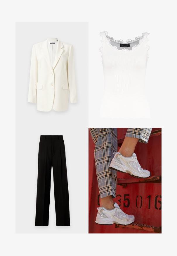 Valkoinen muotoiltu bleiseri, jossa on kaulukset, kaksi etutaskua, napitus ja teksturoitu kangas. Klassinen malli pitkillä hihoilla.; Valkoinen ribattu hihaton paita, jossa on pitsireunus kaula-aukossa ja hihoissa. Ominaisuutena pehmeä rakenne ja tiukka malli. Brändilogo näkyvissä sisäpuolella.; Mustat leveälahkeiset housut, jotka on valmistettu sileästä kankaasta. Niissä on korkea vyötärö, etupuolella laskokset ja siisti, muunneltu muotoilu ilman koristeita.; Valkoiset verkkokengät hopea-yksityiskohdilla ja teksturoidulla pohjalla, aseteltuna punaiselle pinnalle, yhdistettynä ruudullisiin housuihin.