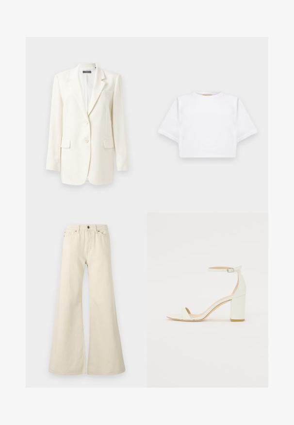 Valkoinen muotoiltu bleiseri, jossa on kaulukset, kaksi etutaskua, napitus ja teksturoitu kangas. Klassinen malli pitkillä hihoilla.; Lyhythihainen valkoinen t-paita pehmeää kangasta, jossa on pyöreä pääntie ja ribbireunat. Yksinkertainen ja ilman koristeita oleva malli.; Vaaleanbeige leveälahkeiset farkut, jotka on valmistettu puuvillasta. Ominaisuuksiin kuuluu korkea vyötärö, viisi taskua ja nappisuljenta erottuvine ompeluseoksineen.; Valkoiset nahkaiset tukikorkosandaalit, joissa on nilkkahihna soljella ja minimalistinen muotoilu. Avoin varvas ja sileät pinnat koko kengässä.