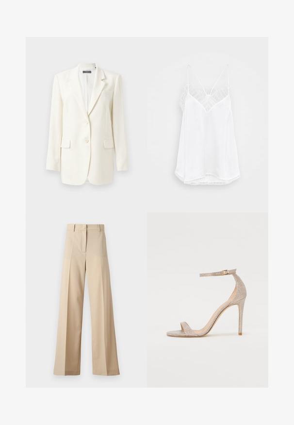 Fehér szabott blézer, amely kihajtott gallérral, két elülső zsebbel, gombos zárással és textúrált anyaggal rendelkezik. Klasszikus fazon, hosszú ujjakkal.; Fehér pántos top V-nyakkivágással, vékony pántokkal, texturált csipke díszítéssel a vállaknál és ívelt szegéllyel. Simás anyagfelület.; Beige színű, bő szabású nadrág sima anyagból, lapos elejével, redőkkel, cipzáras záródással és övhurkokkal. Összességében testreszabott szabású.; Fém rózsaarany színű, pántos magassarkú szandál, texturált felsőrésszel, nyitott orral és arany csattal díszített bokapánttal.