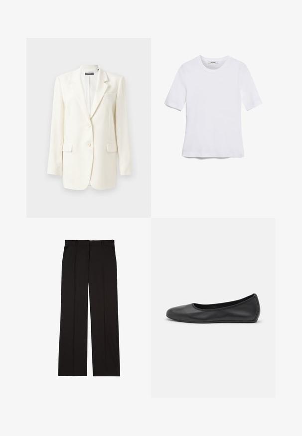 Biały żakiet o dopasowanym kroju, z klapami, dwoma przednimi kieszeniami, zapięciem na guziki oraz teksturowanym materiałem. Klasyczny krój z długimi rękawami.; Biała koszulka krótki rękaw wykonana z materiału prążkowanego. Okrągły dekolt, regularny krój i subtelne detale szwów. Bez wzorów ani grafik.; Czarne dopasowane spodnie wykonane z gładkiej tkaniny, charakteryzujące się prostymi nogawkami i dwoma bocznymi kieszeniami. Elegancka i minimalistyczna konstrukcja.; Czarne skórzane baletki z zaokrąglonym noskiem, gładką fakturą, minimalnymi przeszyciami i elastycznym designem podeszwy.