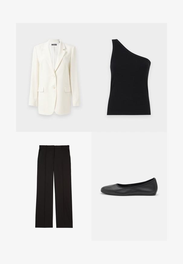 Fehér szabott blézer, amely kihajtott gallérral, két elülső zsebbel, gombos zárással és textúrált anyaggal rendelkezik. Klasszikus fazon, hosszú ujjakkal.; Egyszerű, fekete, bordázott, egyvállas ujjatlan felső, testhez simuló fazonnal és puha textúrával. Tiszta, minimalista szabás és sima nyakkivágás jellemzi.; Fekete, sima anyagból készült, szabott nadrág, egyenes vonalú szabással és két oldalsó zsebbel. Elegáns és minimalista kialakítás.; Fekete bőr balettcipő lekerekített orral, sima tekstúrával, minimális varrással és rugalmas talp kialakítással.
