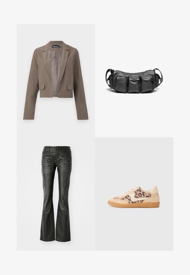 Avskuren brun blazer med lång ärm, snedskärda slag, två framfickor och en slät inredningsfoder. Enkel och modern design.; Mörkgrå hoodie i mjukt material, med dragsko i huvan, ribbade muddar och en diskret logotyp tryckt på framsidan.; Svarta imitation läder flare jeans med framfickor, metallknappstängning och en lätt strukturerad yta. Raka ben med lång skärning.; Leopardmönstrade sneakers med överdel i beige mocka, tan gummisula och vita detaljer. Rund tå och snörning med en strukturerad finish.; Svart läder crossbody-väska med en texturerad yta. Har tre ytterfickor och en justerbar rem. Kompakt, rund form.