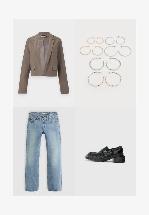 Zkrácený hnědý blazer s dlouhými rukávy, klopami, dvěma předními kapsami a hladkým vnitřním podšívkou. Jednoduchý a moderní design.; Dvoje dlouhých rukávů. Jedny bílé a jedny černé, oboje z lehkého bavlněného materiálu s širokým lodí výstřihem a slim fit střihem.; Světle modré džíny rovného střihu z denimu, s knoflíkovým zapínáním, pěti kapsami a jemným vyblednutím podél nohavic.; Černé kožené mokasíny se strukturovanou podrážkou, s mírně zvýšeným blokovým podpatkem a texturovaným svrškem, upevněné předním páskem.; Sada dvanácti náušnic ve tvaru kruhu ve stříbrných a zlatých tónech. Obsahuje zkroucené, hladké a texturované designy v různých velikostech a povrchových úpravách.