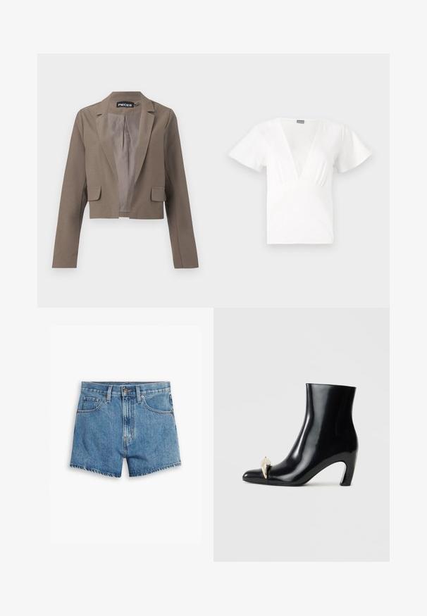 Lyhyt ruskea bleiseri, jossa on pitkät hihat, lovelliset läpät, kaksi etutaskua ja sileä sisävuori. Yksinkertainen ja moderni muotoilu.; Valkoinen lyhythihainen paita, jossa on syvä V-kaula-aukko ja rypytys vyötäröllä. Valmistettu kevyestä, sileästä kankaasta rentoa istuvuutta varten.; Vaaleansiniset farkkushortsit, joissa on viisi taskua, vetoketjukiinnitys ja nappisulku. Helmassa on revitty viimeistely ja rento istuvuus.; Mustat nilkkurit, jotka on valmistettu kiiltävästä nahasta, ja joissa on terävä kärki sekä koristeellinen kultainen ja hopeinen aksentti edessä. Laiton korko.