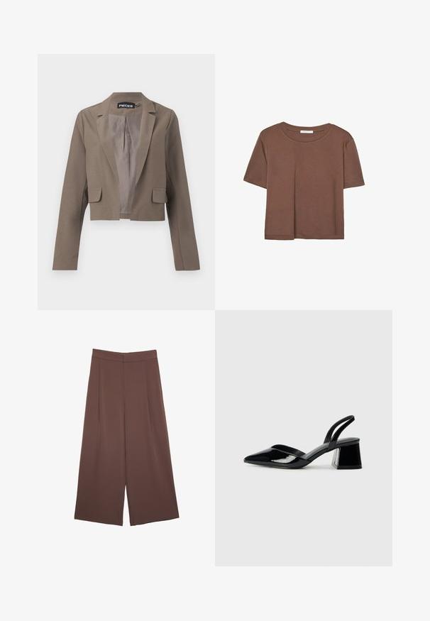 Skriven smeđi sako s dugim rukavima, urezanim reverima, dva prednja džepa i glatkom unutarnjom oblogom. Jednostavan i moderan dizajn.; Smeđi kratki rukav majica od mekog materijala, s okruglim izrezom i opuštenim krojem. Nema vidljivih uzoraka ili naglasaka.; Smeđe hlače širokog kroja s glatkom teksturom, koje imaju visok struk i nabore sprijeda. Tkanina je lagana i slobodno se kreće.; Crne lakirane kožne sandale s otvorenom petom i špicastim vrhom, s geometrijskom blok petom. Imaju elegantan, minimalistički dizajn i glatku teksturu.