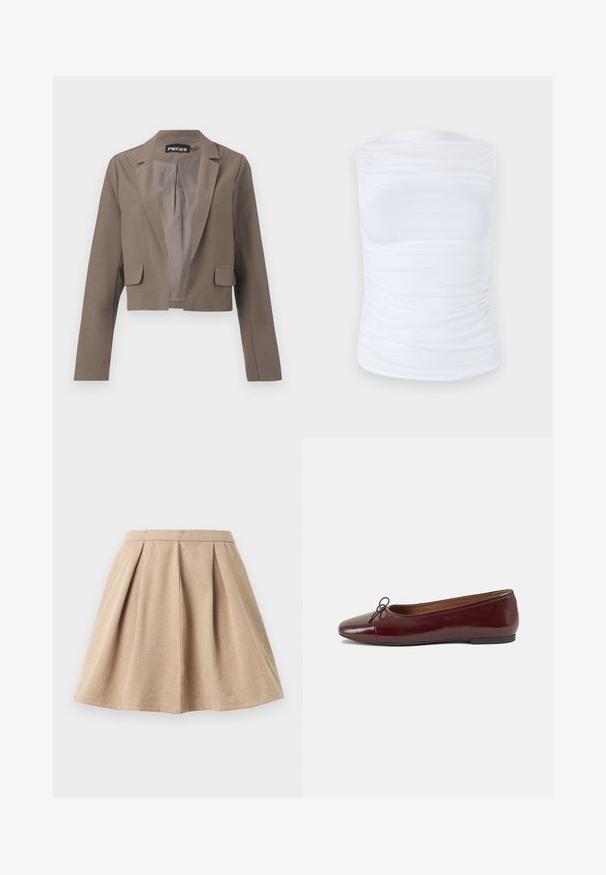Skrajšan rjav blejzer z dolgimi rokavi, zareznimi reverji, dvema sprednjima žepoma in gladko notranjostjo. Enostaven in sodoben dizajn.; Bela brezrokavna majica iz gladkega, elastičnega materiala z nabiranjem ob straneh, s krožnim izrezom in oprijetim krojem.; Tan plisirana krila iz teksturiranega blaga, ki ima prilegajoč pas in razširjeno obliko, ki sega do dolžine sredine stegen.; Burgundska patenti usnjeni baletni čevlji z zaobljenim prstom, majhnim lokom na sprednji strani in nizkim črnim gumijastim podplatom. Gladka tekstura.