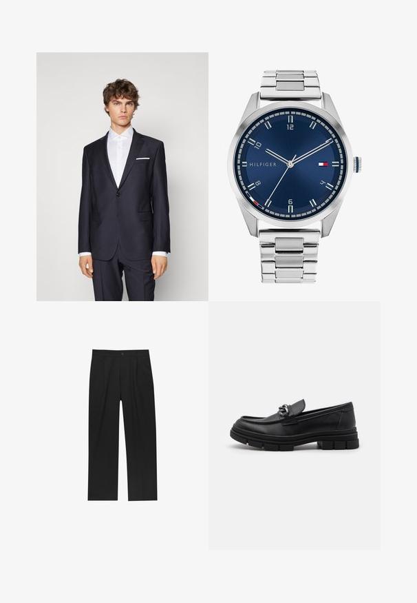 Mørkeblå dragt med en enkelt knap, notch lapels, sidelommer og en hvid lommetørklæde, parret med en hvid skjorte. Skræddersyet fit.; Sæt af otte sorte bomulds t-shirts med korte ærmer og rund hals, der har et enkelt design og en blød tekstur.; Sorte bukser med lige ben, lavet af et glat stof. Har frontfolder og en enkelt knaplukning i taljen.; Sort læderloafer med rund tå, en dekorativ rem og hardware, samt en chunky tekstureret sål. Glat finish med subtile detaljer.; Sølvmetal ur med en børstet blå urskive, hvide timemarkører og en datovisning. Har et sammenkædet metalarmbånd og brandlogo.