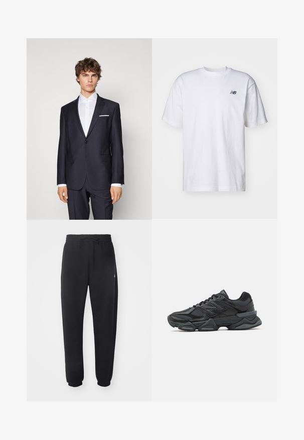 Temno modra obleka z enim gumbom, zarezanimi kragnami, stranskimi žepi in belo pisemsko maramo, v kombinaciji z belo srajco. Prilagojen kroj.; Bela kratka majica s kratkimi rokavi in ovratnikom, na kateri je majhen črni logotip New Balance na levem prsnem delu, na enobarvni podlagi.; Črne trenirke iz mehkega materiala z elastičnim pasom, vrvico in zoženimi manšetami, ki vsebujejo subtilen logotip na strani.; Črne tekaške superge, ki združujejo mrežaste in sintetične materiale, imajo debel podplat, ukrivljen oblikovni slog ter izrazito blagovno znamko na strani.