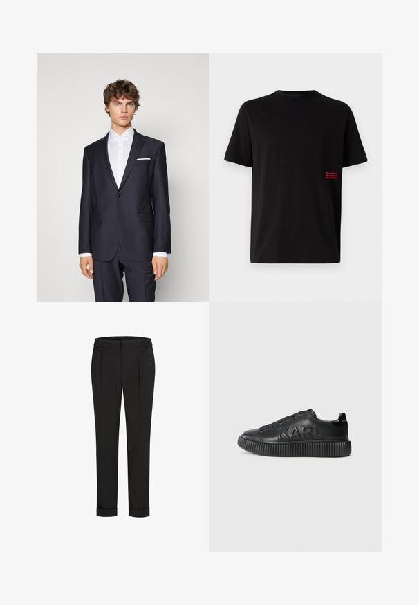 Sötét tengerészkék zakó, egysoros gombbal, kinyitható hajtókkal, oldalsó zsebekkel és fehér zsebkendővel, egy fehér inggel párosítva. Testhez álló szabás.; Fekete, rövid ujjú pamut póló. Az egyik oldalon egy kis piros nyomott logó található. Klasszikus crew nyakkivágás, egyenes fazon.; Fekete nadrág, elasztikus derékpánttal, egyenes szárú kivitelben és felhajtott szárakkal. Simább, szőtt anyagból készült, minták nélkül.; Fekete sneaker sima bőrből, vastag bordázott talpával és bélyegzett márkanevével. Klasszikus fűzős kialakítás kerek fűzőlyukakkal.