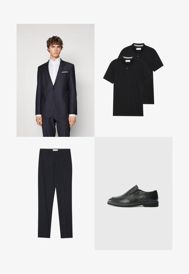 Sötét tengerészkék zakó, egysoros gombbal, kinyitható hajtókkal, oldalsó zsebekkel és fehér zsebkendővel, egy fehér inggel párosítva. Testhez álló szabás.; Két fekete pólóing, rövid ujjú, pamut anyagból készült, klasszikus gallérral, két gombos gombolással, és fehér csíkos díszítéssel a gallér belső részén.; Fekete, szabott nadrág, lapos elejű, normál szabású, sima anyagból készült, gyűrt pliszével és oldalsó zsebekkel.; Fekete bőr, slip-on cipő sima felsőrésszel, varrott díszítéssel, lekerekített orral és alacsony gumitalppal. A talpa minimális bordázattal rendelkezik.