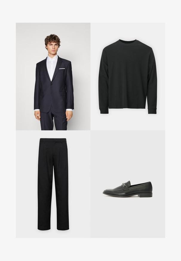 Dark navy suit with a single button, notch lapels, side pockets, and a white pocket square, paired with a white shirt. Tailored fit.; Long-sleeve black T-shirt made of cotton, featuring a round neckline, loose fit, and ribbed cuffs. Smooth texture with no visible patterns.; Black trousers made of smooth fabric, featuring a straight-leg design, two front pleats, and standard waistband with belt loops.; Black leather loafer with a smooth finish, featuring a stitched design and a decorative metal chain accent across the vamp. Flat heel.
