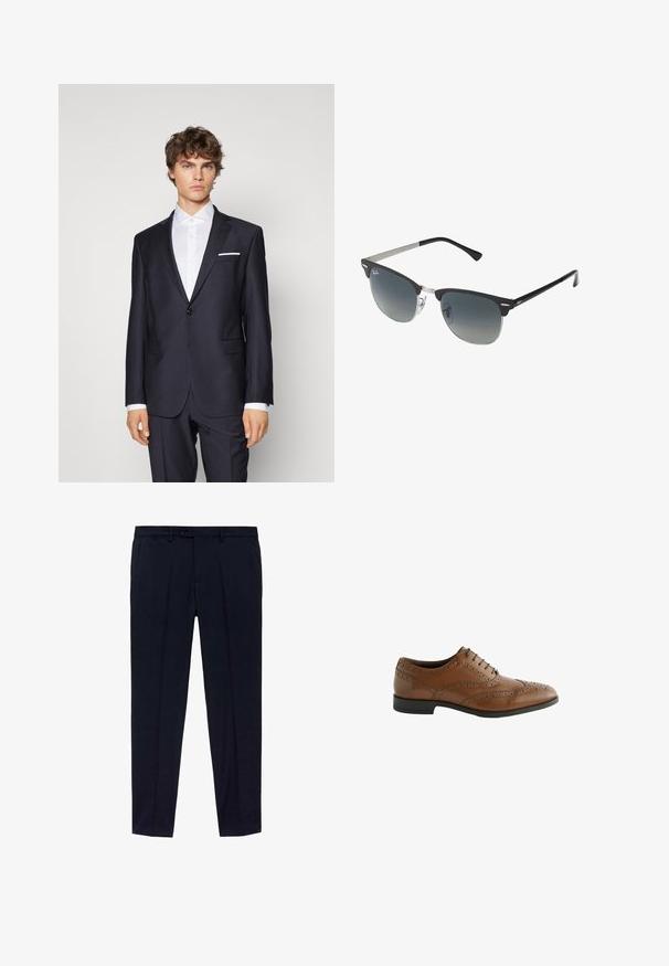 Dark navy suit with a single button, notch lapels, side pockets, and a white pocket square, paired with a white shirt. Tailored fit.; Pack of three t-shirts: one black and two white. Each has a crew neck, short sleeves, and is made of smooth cotton fabric.; Navy blue trousers with a flat front design, made of smooth fabric. Featured details include two side pockets and a zip fly with button closure.; Brown leather dress shoe with intricate broguing details, round toe, and flat heel. Features five lace eyelets and a smooth texture.; Black and silver sunglasses with a cat-eye shape, gradient lenses, and metallic accents on the frame. Plastic arms with grey tips.