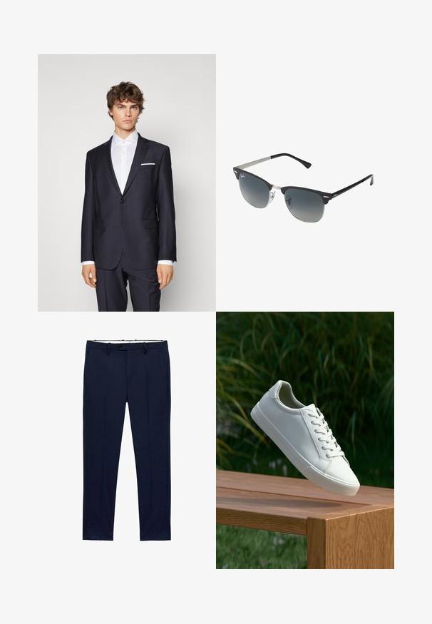 Costum întunecat bleumarin cu un singur nasture, rever cu colțuri, buzunare laterale și o batistă albă, asortat cu o cămașă albă. Croială ajustată.; Tricouri albe cu maneci scurte, stivuite, din bumbac. Au un guler rotund și o croială dreaptă. Materialul pare neted, fără modele.; Pantaloni bleumarin cu croială slim și model cu dungi. Au fermoar, bucle pentru curea și buzunare frontale. Textură de țesătură netedă.; Adidași albi cu șireturi, suspendați deasupra unei bănci din lemn, având în fundal frunze verzi, evidențiind designul și textura încălțămintei.; Ochelari de soare negri și argintii cu o formă cat-eye, lentile cu gradient și accente metalice pe ramă. Brațe din plastic cu vârfuri gri.