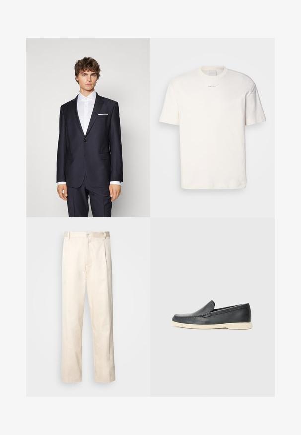 Mørk marineblå dress med en knap, notch lapels, sidelommer og en hvid lommefyr, parret med en hvid skjorte. Skræddersyet pasform.; Hvit bomulls T-skjorte med rund hals, korte ermer og brodert "Calvin Klein" logo i midten av brystet. Enkel design.; Beige bomullsbukser med rett benfatt, med knappelukking og folder foran for ekstra detaljer.; Sorte skinn slip-on loafers med en teksturert finish og en kontrasterende beige gummisåle. Har en subtil aksent langs fronten.