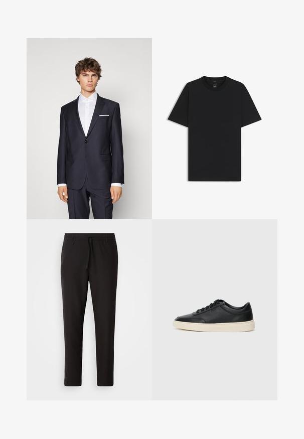 Dark navy suit with a single button, notch lapels, side pockets, and a white pocket square, paired with a white shirt. Tailored fit.; Black short-sleeve T-shirt made from a smooth cotton blend, featuring a crew neckline and a minimalistic design with no patterns or accents.; Black jogger pants made of smooth fabric. Feature an elastic waistband with a drawstring, tapered legs, and no visible pockets. Simple design.; Black low-top leather sneaker with black laces and off-white sole shown in side profile on white background.