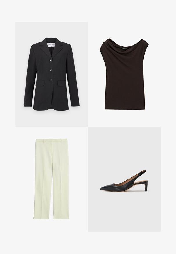 Černý blejzr vyrobený z texturované látky, s upraveným střihem, jednořadým designem, klopovými límci a třemi předními knoflíky. Obsahuje dvě přední kapsy.; Černý, lehký top s volně splývajícím výstřihem a krátkými rukávy. Hladká textura s jednoduchým, nezdobeným designem.; Krémové rafinované kalhoty se střihovými nohavicemi, s plochým předním dílem, poutky na opasek a hladkým povrchem.; Černé kožené slingback lodičky s špičatou špičkou, nízkým podpatkem a hladkým povrchem. Disponují tenkým nastavitelným páskem pro bezpečné uchycení.