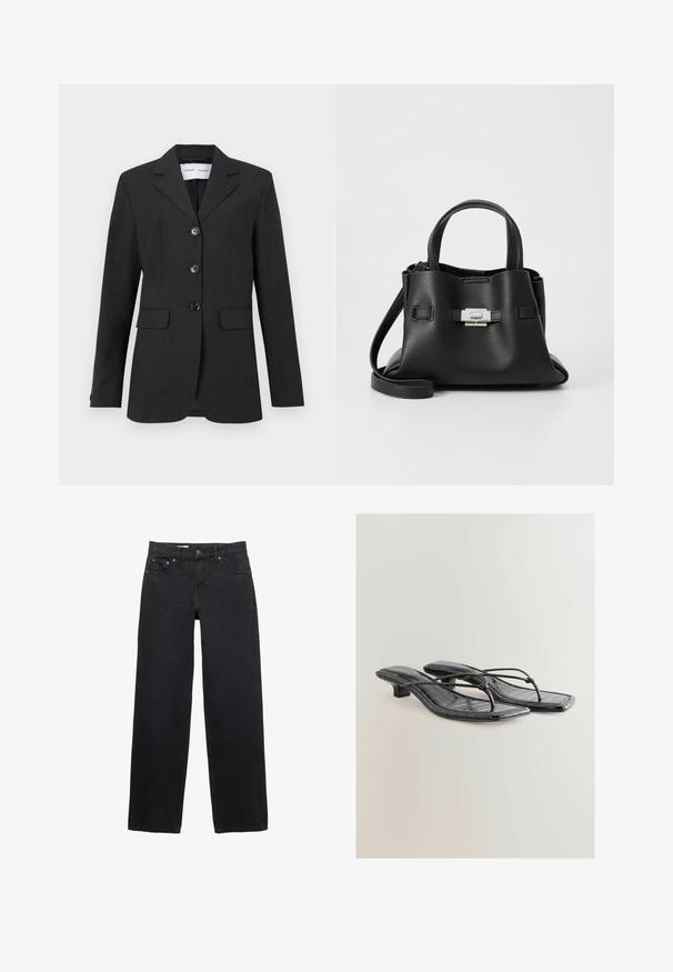 Zwarte blazer van geweven stof met een getailleerde pasvorm, enkelvoudig knoopsluiting, notch-lapel en drie knopen aan de voorkant. Voorzien van twee zakken aan de voorkant.; Zwart langetermijn shirt van ribstof. Het heeft een ronde halslijn en een aansluitend ontwerp zonder zichtbare patronen of accenten.; Zwarte wijde jeans gemaakt van denim, met vijf zakken, een knoopsluiting, subtiele stiksels en een rechte snit van taille tot zoom.; Zwarte gepatenteerde nepleren sandalen met hak, vierkante neus, dunne bandjes en krokodillenstructuur. Ontwerp met lage blokhak.; Zwarte leren handtas met een gestructureerde afwerking, voorzien van twee handvatten, een verwijderbare schouderband en een zilveren sluiting.