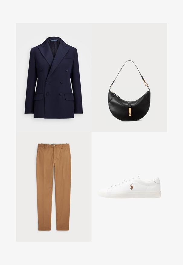 Polo Ralph Lauren Σακάκι - navy; Μαύρη βαμβακερή μπλούζα με στρογγυλή λεία λαιμόκοψη, κοντά μανίκια και λευκό κεντημένο λογότυπο στο αριστερό στήθος. Λείο υλικό, χαλαρός σχεδιασμός.; Καφέ βαμβακερό παντελόνι με κομψή γραμμή, επίπεδο μπροστινό μέρος και κανονικές τσέπες; λεία υφή και ραμμένα μανίκια.; Λευκά δερμάτινα sneakers, χαμηλού σχεδιασμού, με απαλή υφή, στρογγυλή μύτη, δέσιμο μπροστά και μικρό κεντημένο λογότυπο στο πλάι.; Μαύρη δερμάτινη τσάντα χειρός σε σχήμα μισού φεγγαριού. Διαθέτει χρυσή μεταλλική λεπτομέρεια και στενό λουρί. Απαλή υφή, κλείσιμο με φερμουάρ στην κορυφή.