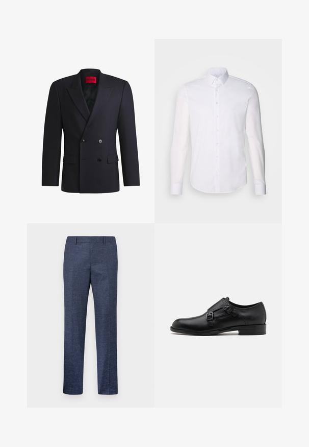 Blazer doppiopetto navy con rever a punta, bottoni neri e tasche laterali. L'interno foderato presenta un'etichetta del marchio visibile. Vestibilità su misura.; Camicia bianca a maniche lunghe con bottoni realizzata in cotone, caratterizzata da un colletto classico, bottoni frontali e dettagli di cucitura minimal.; Pantaloni blu navy realizzati in un tessuto texturizzato, con gamba dritta, davanti piatto e due tasche laterali. Nessun motivo o dettaglio visibile.; Scarpa da uomo in vera pelle nera con doppie fibbie, silhouette elegante e punta tonda. Presenta un tacco basso e una texture liscia.