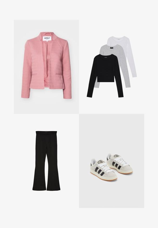 Blazer rosa com textura de espinha de peixe, corte ajustado, sem botões e lapelas afiadas. Apresenta um forro interior suave e bolsos laterais.; Três camisetas de manga longa empilhadas: preta, cinza e branca. Cada uma tem um decote redondo e um design cropped, feitas de um tecido leve e suave.; Leggings pretos em flare feitos de um tecido elástico. Apresentam uma cintura larga e uma textura suave, com um silhueta ajustada que se alarga na bainha.; Tênis de camurça cinza com atacadores brancos, riscas pretas e uma sola de borracha branca. Apresenta um logótipo circular na língua e uma sola de borracha.