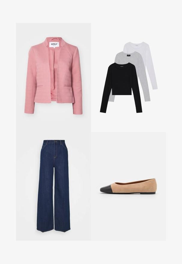 Ružový blazer s herringbone textúrou, strihovaná úprava, bez gombíkov a s ostrými klopami. Obsahuje hladkú vnútornú podšívku a bočné vrecká.; Tričko s dlhým rukávom v troch farbách: čiernej, sivej a bielej. Každé má okrúhly výstrih a skrátený strih vyrobený z hladkej, ľahkej tkaniny.; Džíns s vysokým pásom a širokými nohavicami, tmavomodrej farby, s prednými a zadnými vreckami, zapínaním na gombík a viditeľnými švy.; Béžové semišové baletky s čiernou koženou okrúhlou špičkou, nízkym podpätkom a hladkou textúrou, s minimálnym prešívaním a čistým dizajnom.