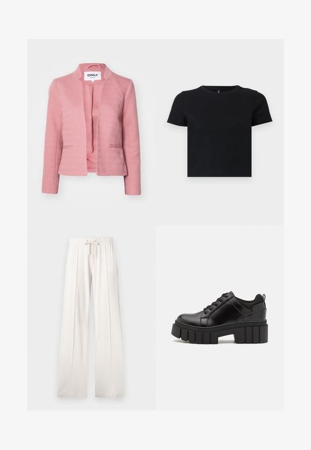 Blazer rosa con texture a spina di pesce, vestibilità sartoriale, senza bottoni e con rever appuntiti. Presenta una fodera interna liscia e tasche laterali.; T-shirt nera a maniche corte realizzata in cotone morbido. Presenta un collo rotondo e un design aderente. Texture liscia senza motivi o dettagli.; Pantaloni della tuta beige chiaro realizzati in tessuto morbido, con vita regolabile, gambe larghe e cuciture verticali, dal fondo liscio.; Scarpe platform in pelle nera con tacco a blocco robusto, punta rotonda e design tradizionale con lacci. Presentano una superficie liscia e dettagli minimi.