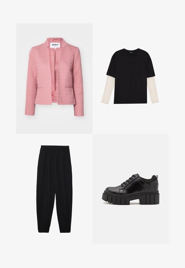 Blazer rosa com textura de espinha de peixe, corte ajustado, sem botões e lapelas afiadas. Apresenta um forro interior suave e bolsos laterais.; T-shirt preta de algodão, com mangas curtas sobre uma camada de mangas longas branca com um padrão texturizado subtil. Design de decote redondo.; Calças pretas, leves, com um cinto elástico e punhos franzidos. O tecido é suave e apresenta um design relaxado e afunilado.; Sapatos de plataforma em couro preto com um salto bloco robusto, bico redondo e design clássico de atacadores. Apresentam uma textura suave e detalhes mínimos.