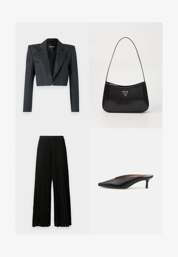Gecombineerde zwarte blazer met een textuurpatroon, gestructureerde schouders en lange mouwen. Heeft een klassieke revers en een enkele haaksluiting.; Donkergroene lange mouwen gebreide trui met een hoge hals en een relaxte pasvorm, weergegeven tegen een eenvoudige lichte achtergrond.; Zwarte ruime broek met verticale plooien en een getailleerde tailleband, recht van voren weergegeven op een effen witte achtergrond.; Zwarte leren muiltjes met een puntige neus en een lage, blokhak. Glad oppervlak met een gestroomlijnd ontwerp. Open achterkant met minimale details.; Zwarte lakleren schoudertas met een gebogen vorm, voorzien van een zilveren driehoeklogo en een ritssluiting. Gladde textuur en slanke schouderband.