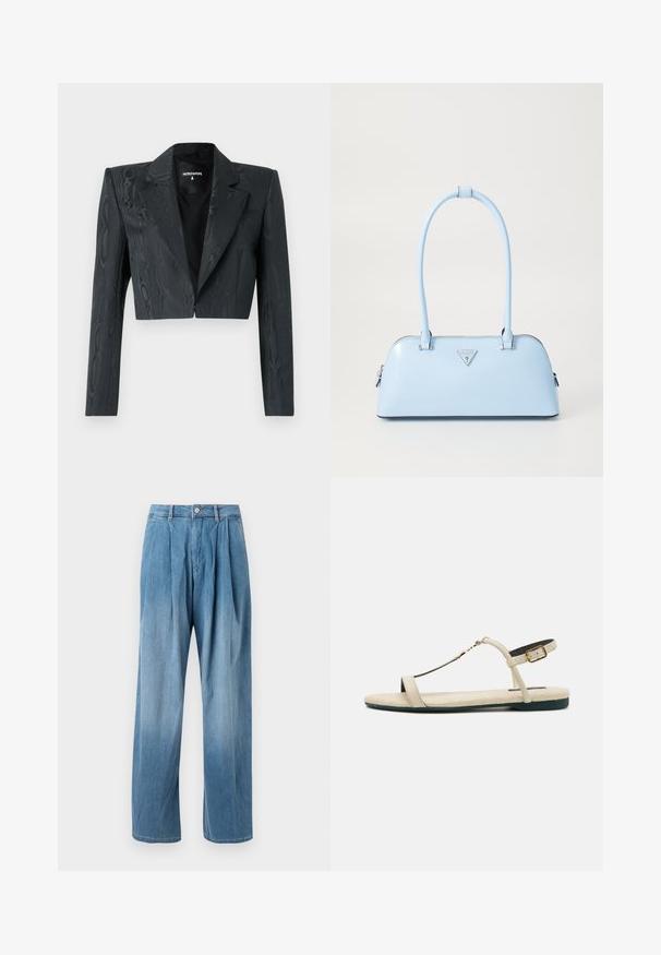 Kuttet svart blazer med teksturert mønster, strukturerte skuldrer og lange ermer. Har klassisk revers og enkelt krok-lukking.; Kortermet T-skjorte med V-hals i myk kremfarge med avslappet passform, med et lite gullsymbol på brystet. Glatt tekstur.; Lyseblå denimbukser med vide ben og plisseringer foran. Har glidelås og knappelukking, kontraststing og et klassisk design.; Beige flate sandal med T-reim design, med en tynn ankelreim med gullspenne og teksturert fotseng. Lett såle.; Lyseblå veske med strukturert form, glatt skinnmateriale, to håndtak og en trekantet merkevarelogo på fronten. Glidelås-lukking.